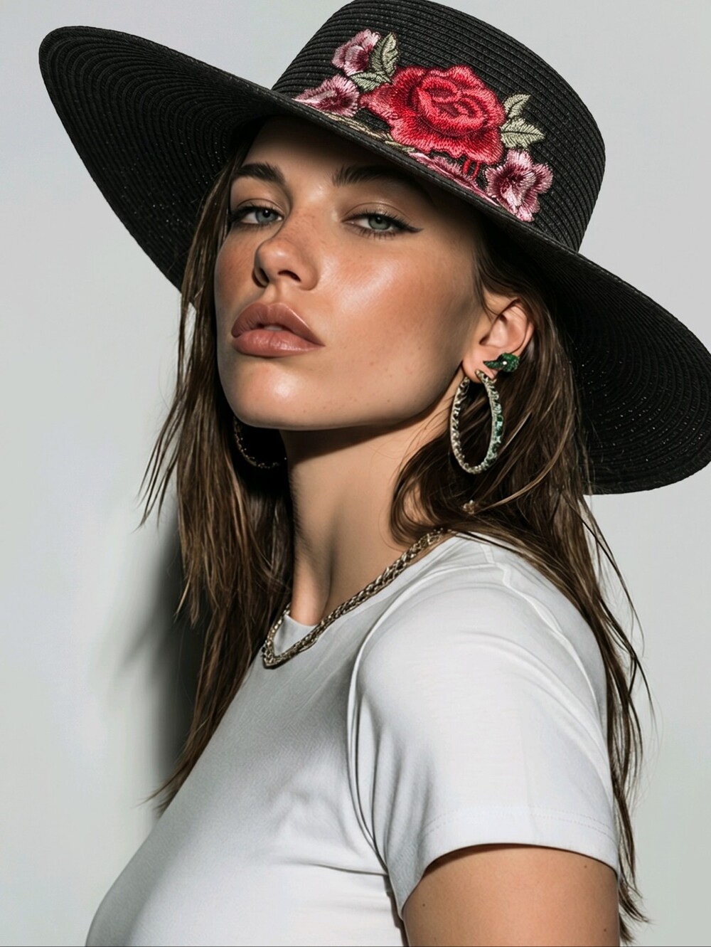 Black Floral Embroidered Wide-Brim Sun Hat NWOT